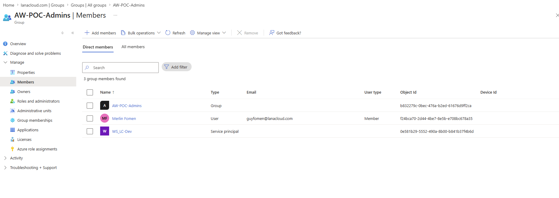 AW-POC-Admins group members in Entra — AW-POC-Admins (nested group), Merlin Fomen (User), and WS_LC-Dev (Service principal) with Object ID 0e581b29...